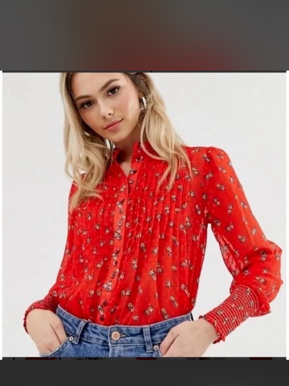 Free People Red Floral Pintuck Blouse